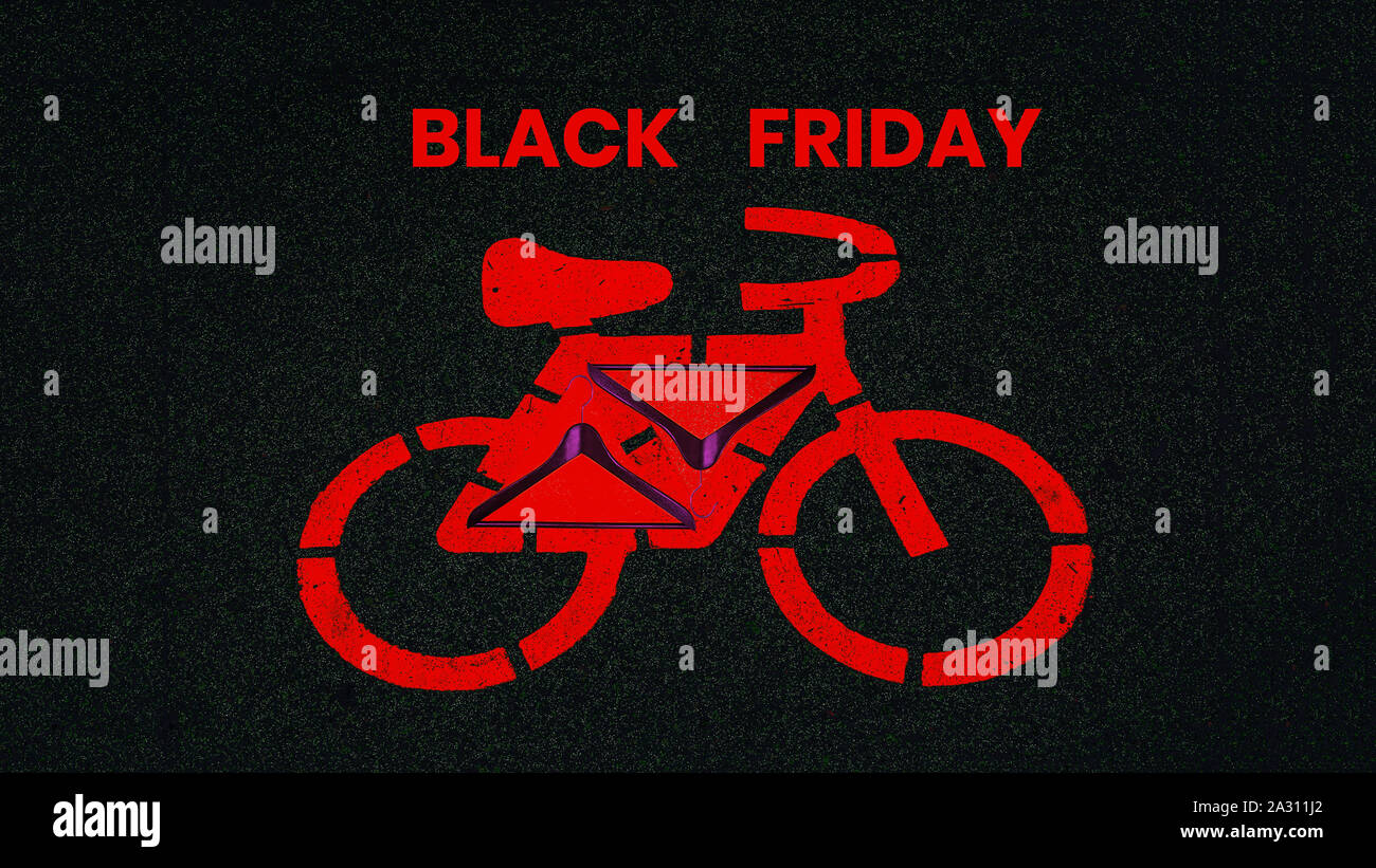Schwarzer Freitag verkauf Konzept mit Fahrrad Schild und Mode Kleiderbügel auf dunklem Grün schwarzen Hintergrund. Shopping. Outfit. Flach, Ansicht von oben. Stockfoto