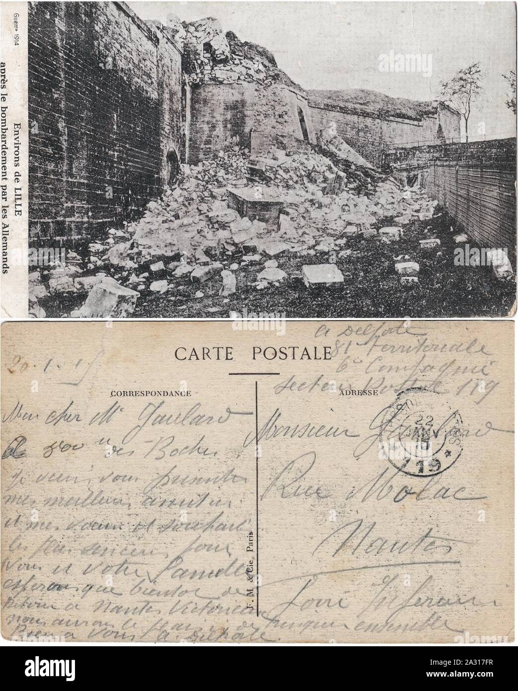 Umgebung de Lille - "Apres Le Bombardement par les Allemands". Courrier rédigé par un-Soldat de la Grande Guerre. Stockfoto