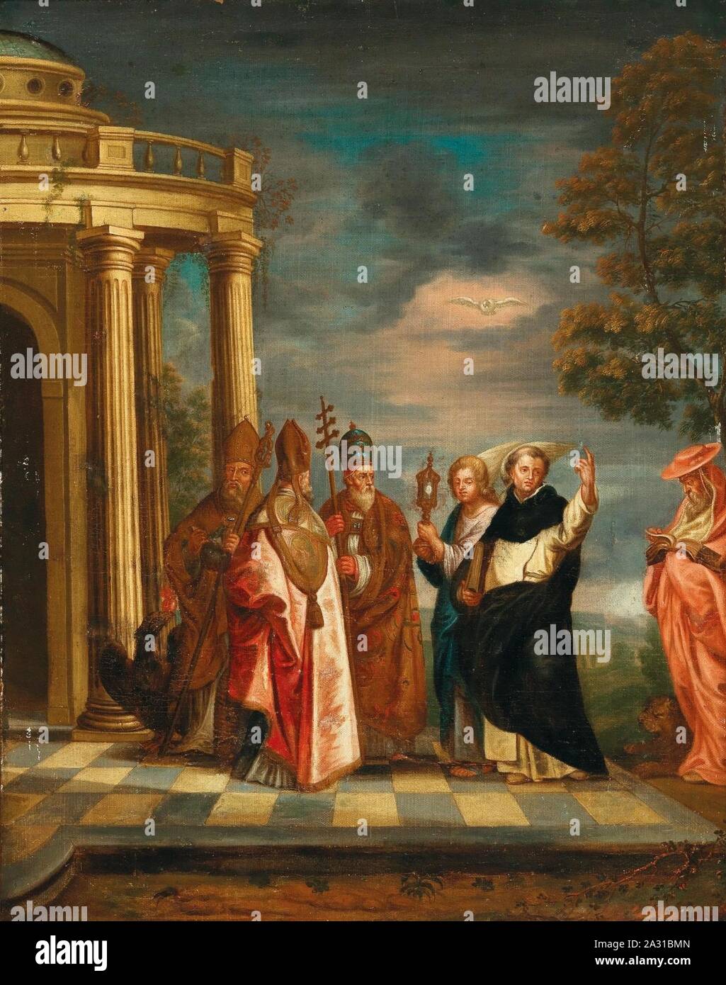 Erasmus-de Bie - Hl. Thomas von Aquin mit heiligen Ambrosius, Augustinus, Papst Gregor der Große und Jerome Betrachtung des Allerheiligsten. Stockfoto