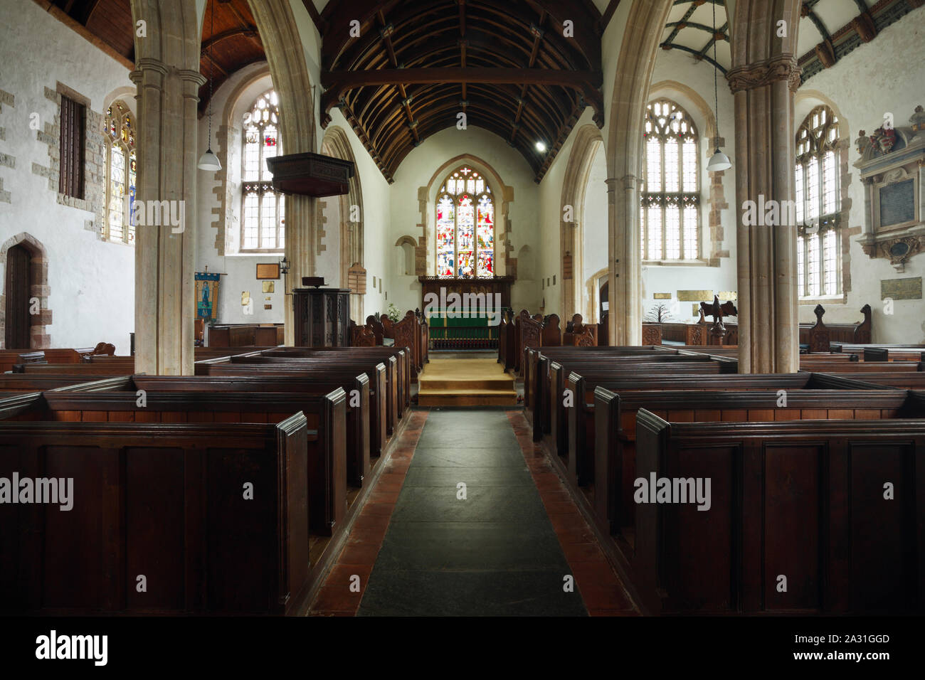 Kirche aller Heiligen. Interieur. Selworthy. Exmoor National Park. Somerset. UK. Stockfoto