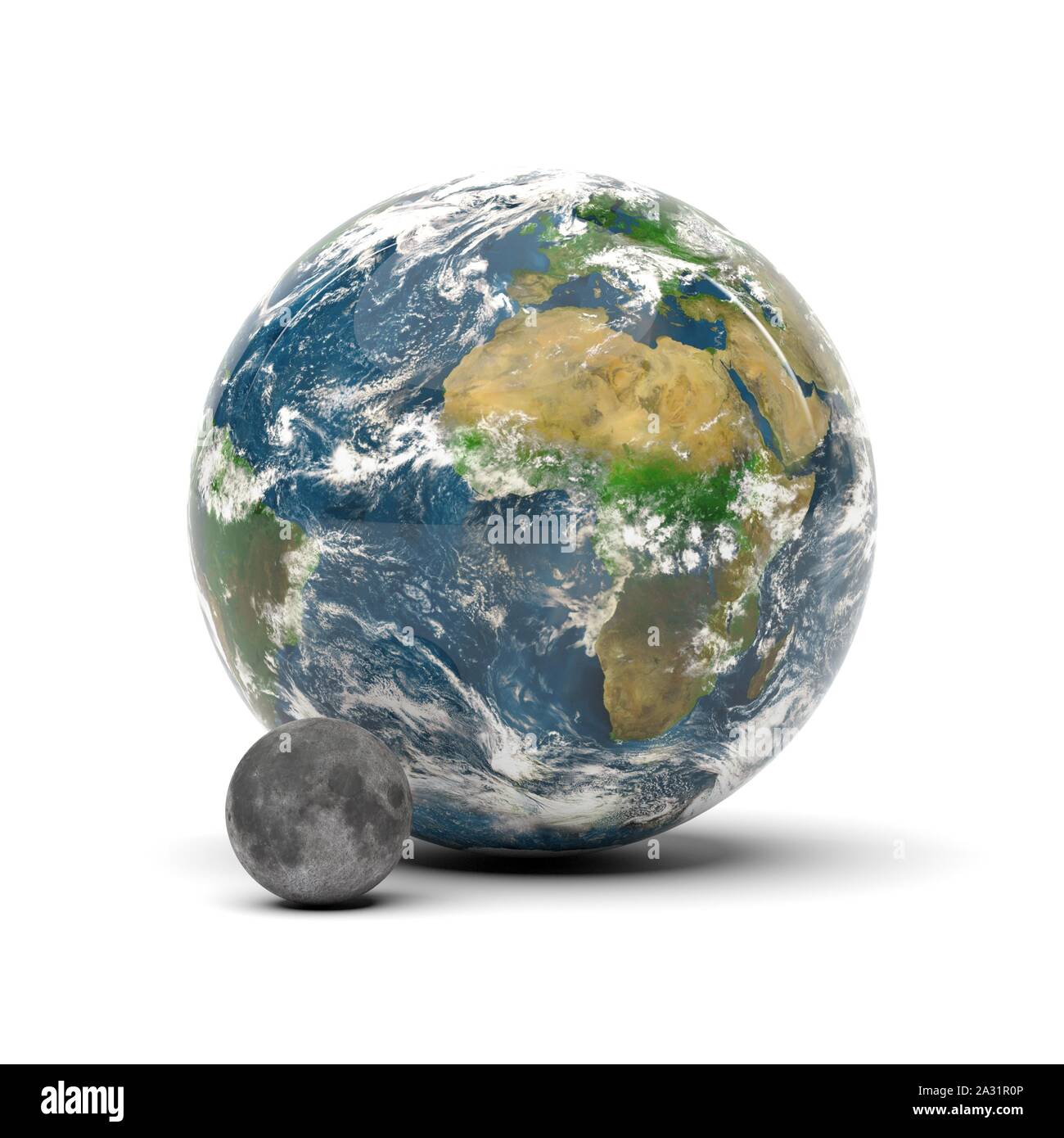 Erde und Mond Größe Vergleich Stockfoto