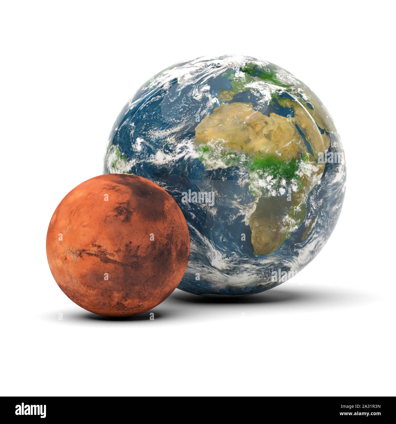 Mars und Erde echte Größe Vergleich Stockfoto