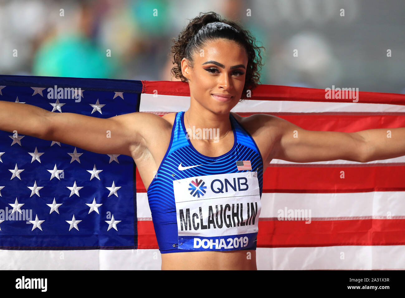 Die USA Sydney McLaughlin feiert Silber gewinnen in den 400 letzten Meter Frauen während der Tag acht der IAAF Weltmeisterschaften am Khalifa International Stadium, Doha, Katar. Stockfoto