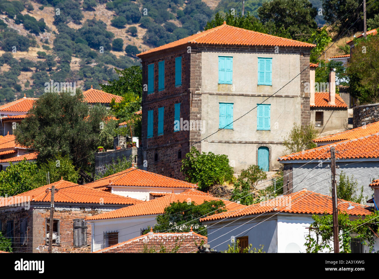 Vatousa Dorf, Lesbos, Griechenland. Vatousa ist eine traditionelle Siedlung, einem malerischen Bergdorf mit vielen alten Villen. Stockfoto