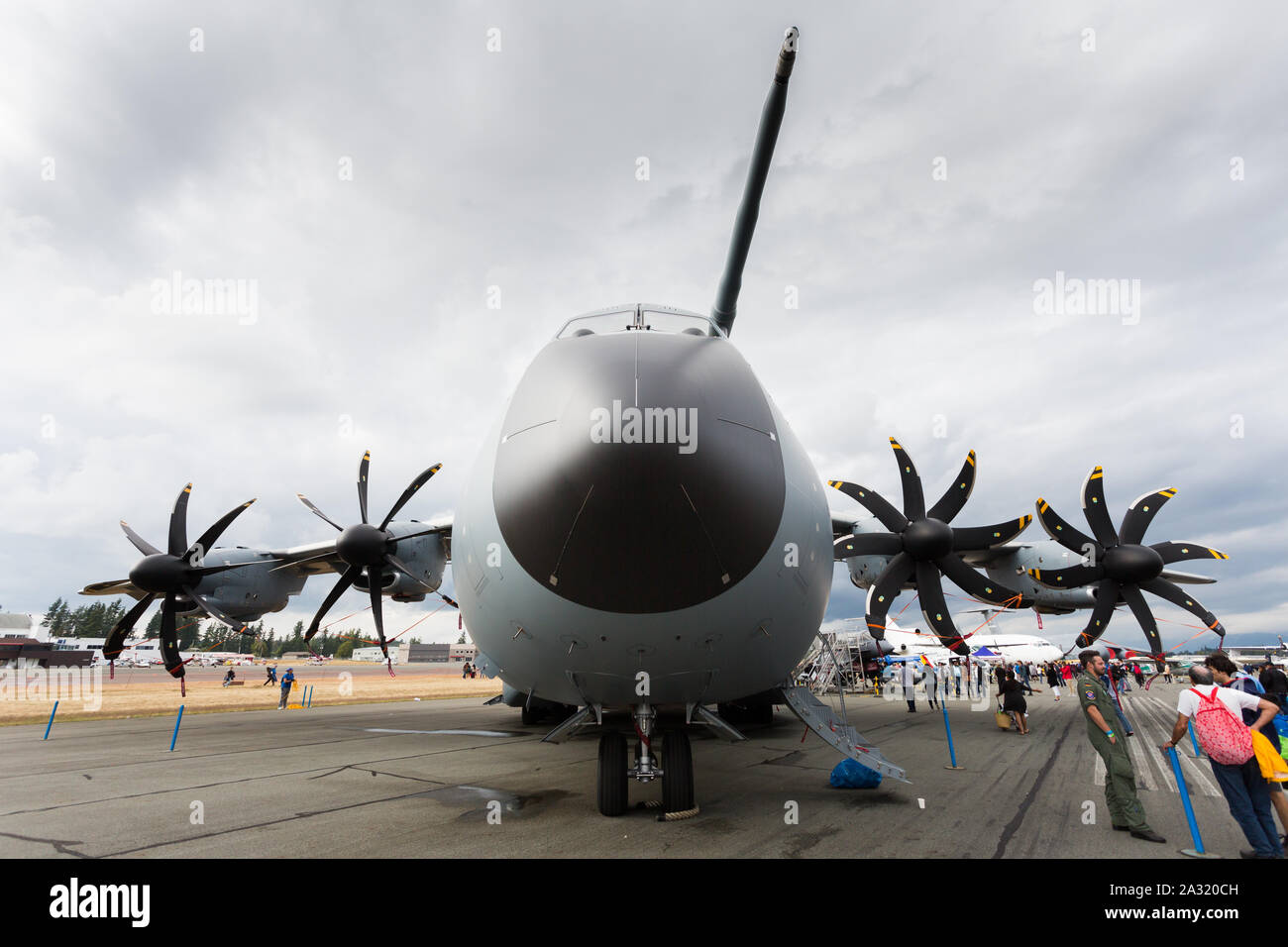 ABBOTSFORD, BC, Kanada - 11.August 2019: Deutsche Luftwaffe Airbus A 400 statische Anzeige an der Abbotsford International Airshow. Stockfoto