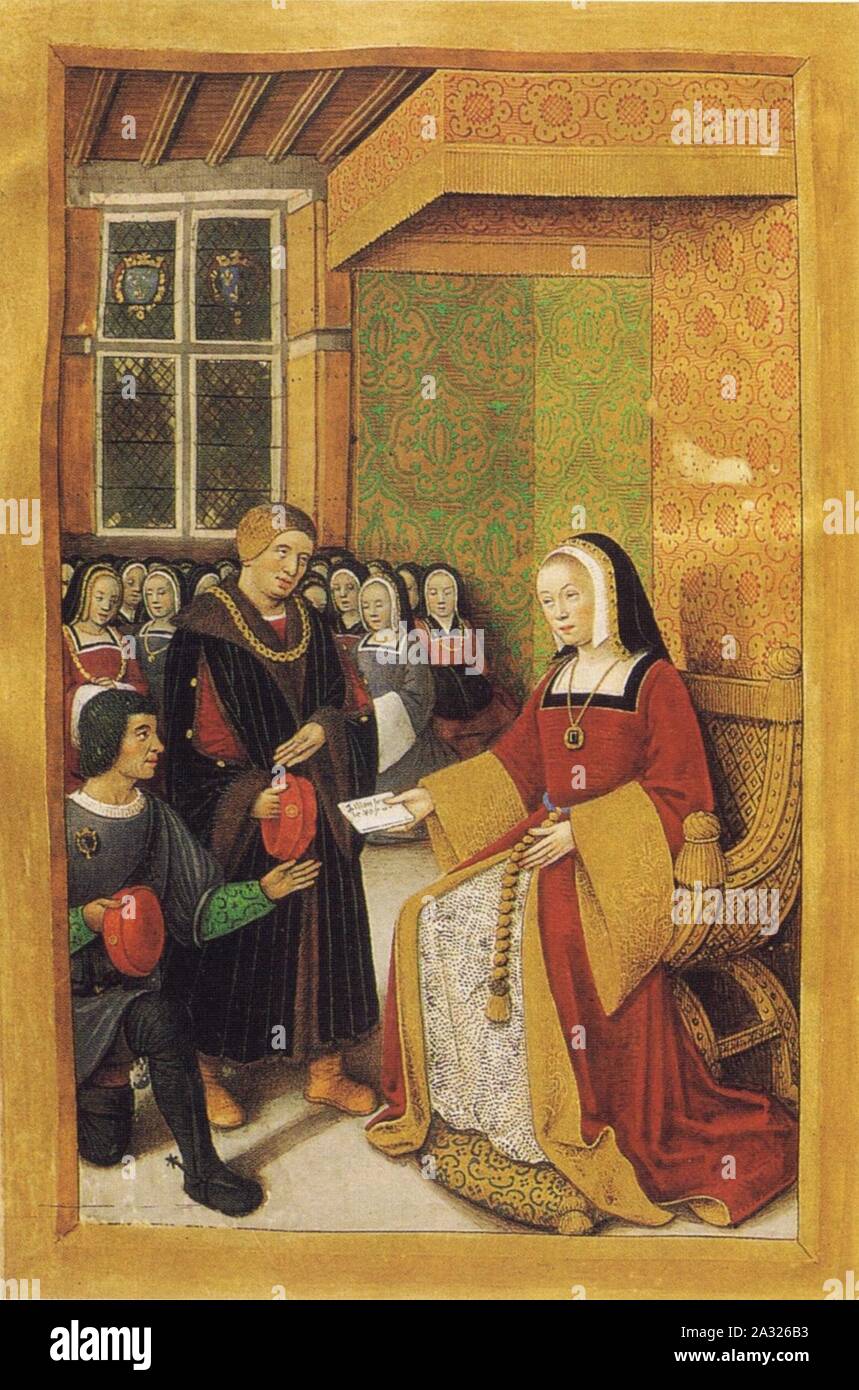Espistre en vers François-NLR fr. F. v. XIV 8 W 40 v (Anne de Bretagne donnant une Lettre à un-Messager). Stockfoto