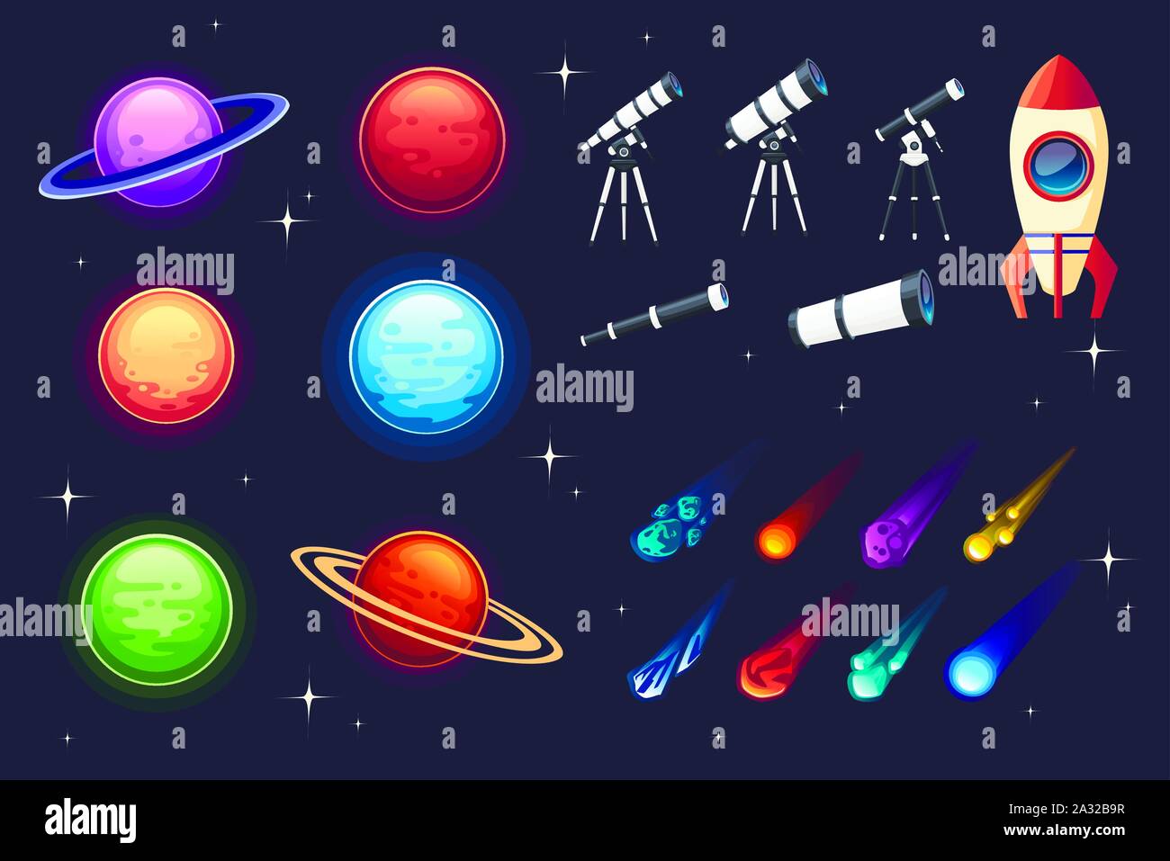 Set aus bunten Raum Symbol Planeten Raumschiff, Teleskop, Asteroiden und andere flache Vector Illustration auf dunklem Hintergrund. Stock Vektor