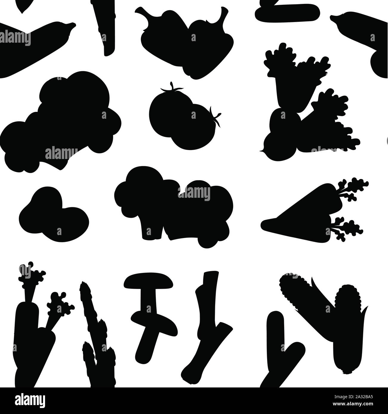 Schwarze silhouette nahtlose Muster der frischen, rohen Gemüse flachbild Vector Illustration auf weißem Hintergrund. Stock Vektor