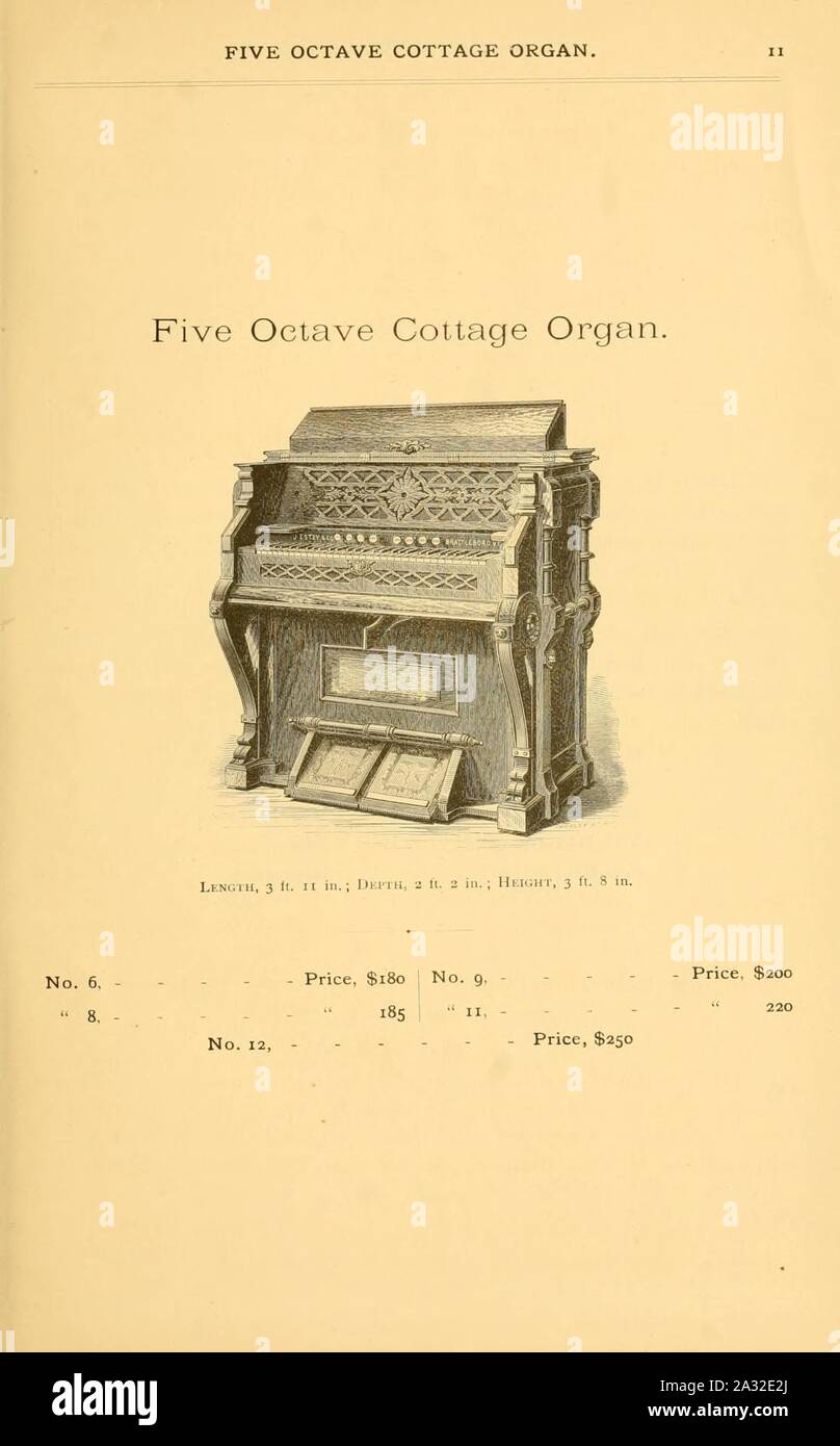 Estey fünf Oktaven Cottage Organ (Nr. 6, 8, 9, 11, 12), bebilderte Katalog der Cottage Organe (1875), J.Estey & Co., S. 11. Stockfoto