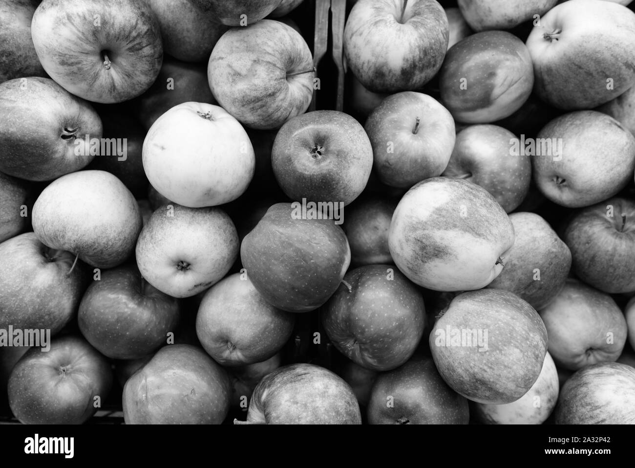 Full Frame Geschossen von Äpfeln in Schwarz und Weiß Stockfoto
