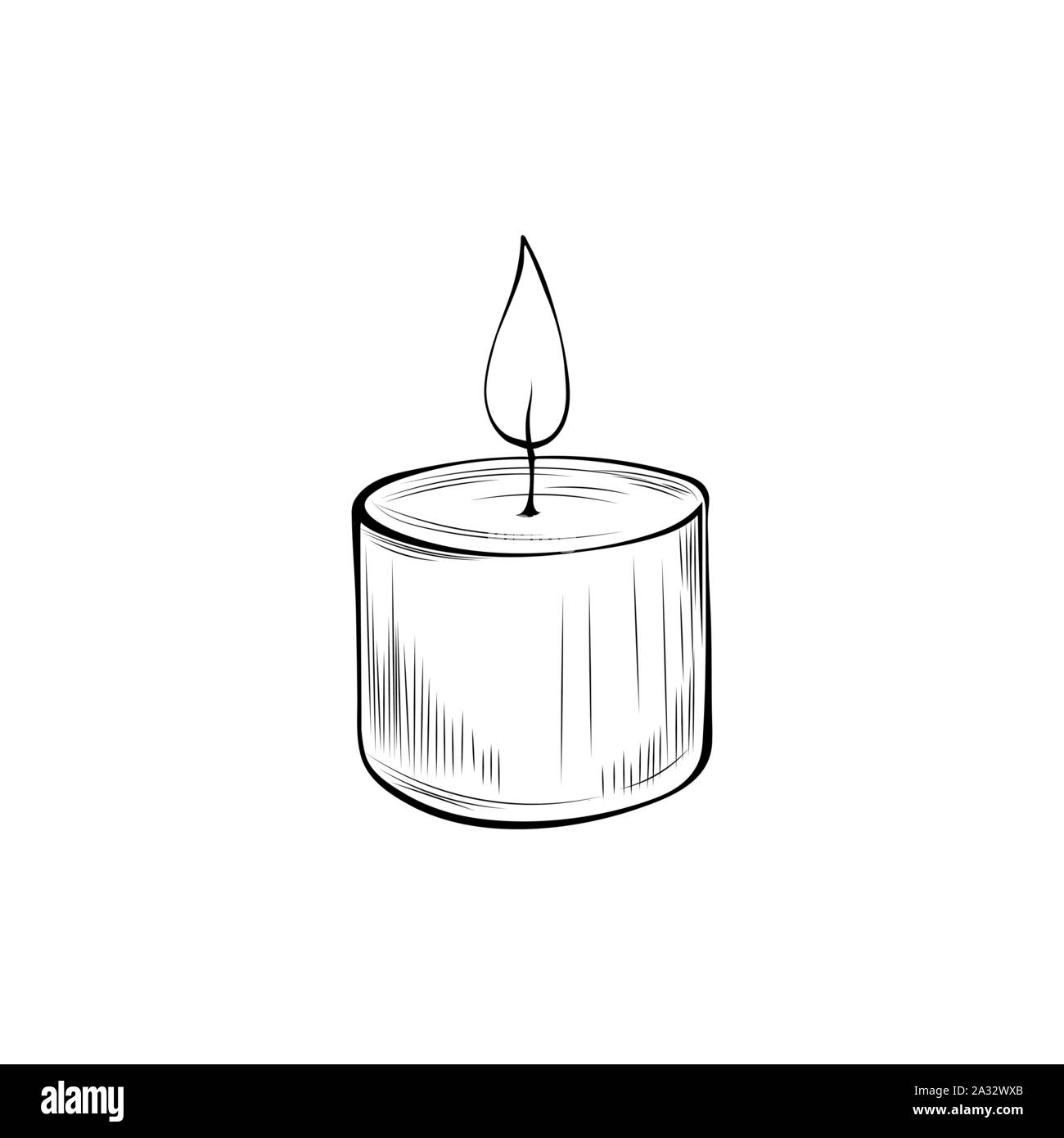 Brennende Kerze Hand gezeichnet Vector Illustration. Bei Kerzenschein das  Symbol auf weißem Hintergrund. Dekorative Aromatherapie Zubehör, leuchtende  runde Leuchter Schwarzweiß-Zeichnung Stock-Vektorgrafik - Alamy
