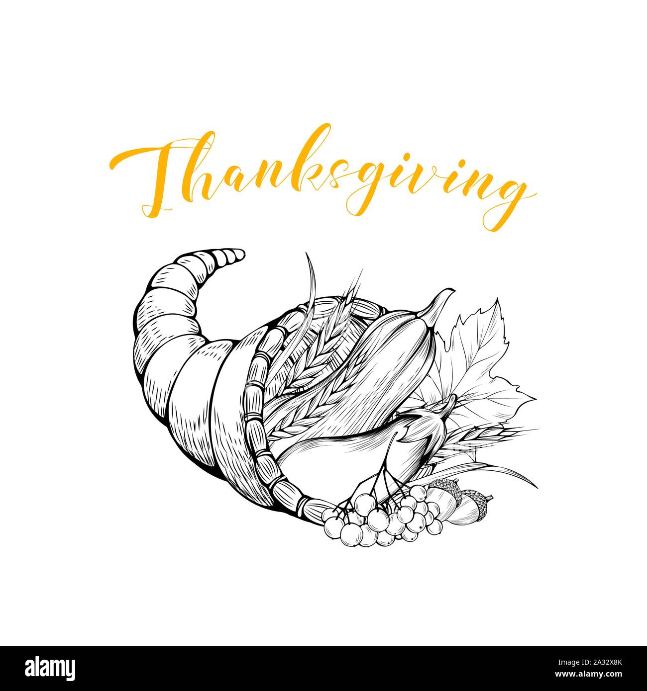 Gemüse Korb schwarz-weiß illustration. Thanksgiving Grußkarte design Element. Herbst urlaub Postkarte Konzept mit Kalligraphie. Holz- pottle mit natürlichen Ernte eingravierte Zeichnung Stock Vektor