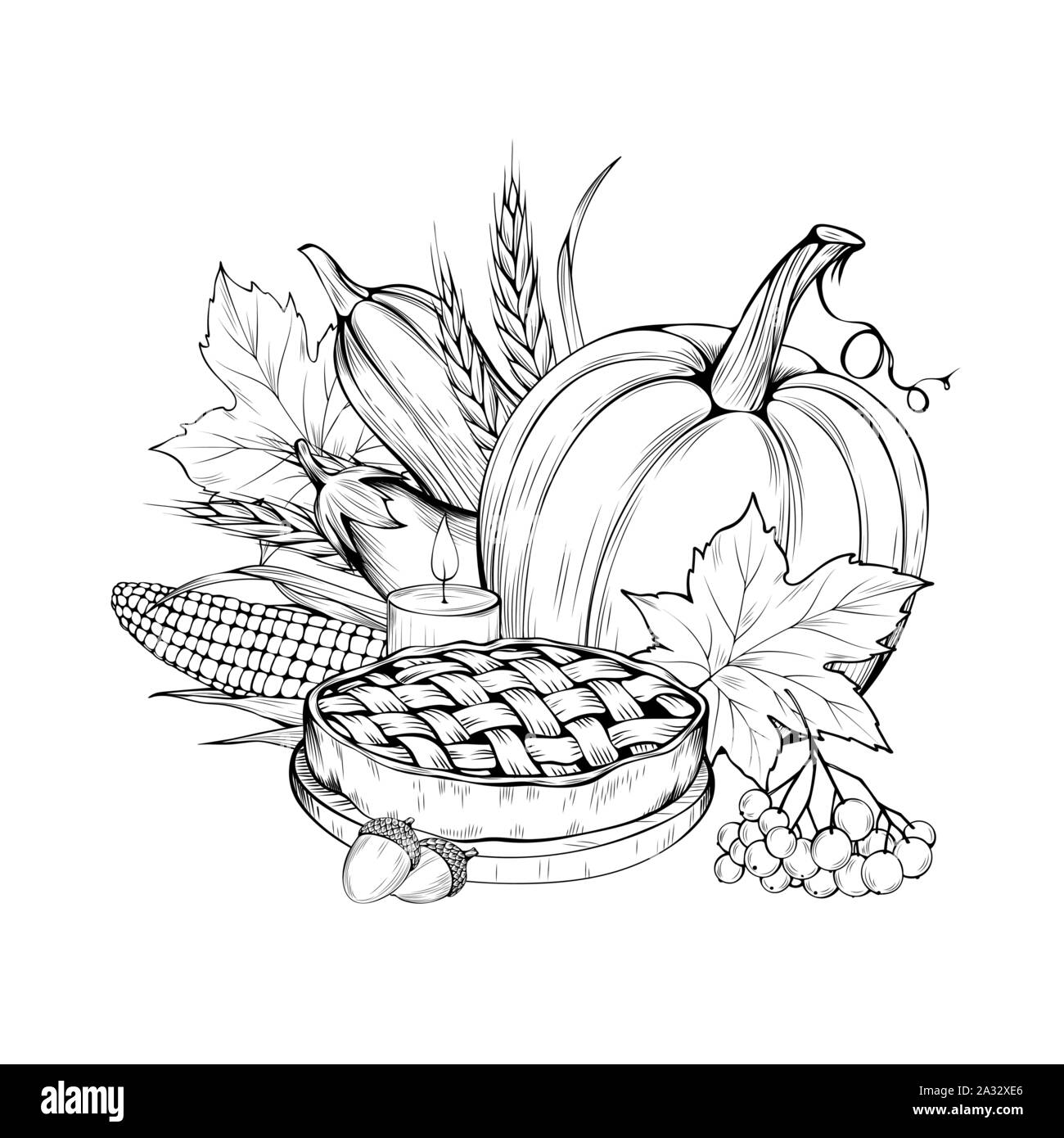 Vegetarisches Essen Hand gezeichnet Vector Illustration. Herbst, Ernte, Thanksgiving Umrisse Symbole. Traditionelles Gebäck und Vegane Torte Zutaten. Natürliche Gemüse Schwarzweiß-Zeichnung Stock Vektor