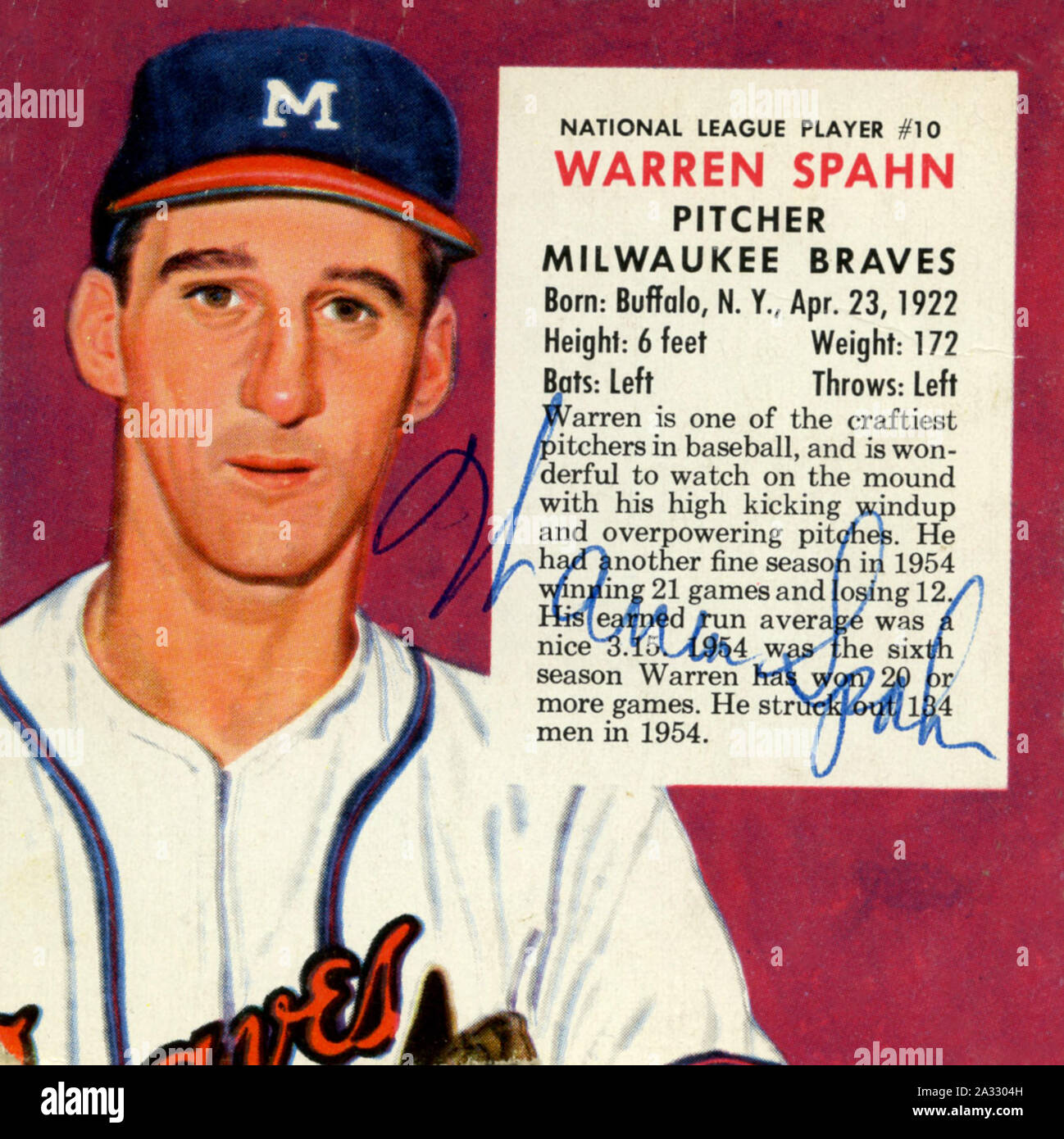 1950s Era Red Man Tabak baseball Card, die Hall of Fame pithcer Warren Spahn. Stockfoto