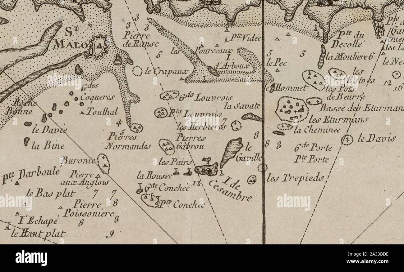 Extrait d'une carte de Saint Malo de 1764 montrant Cesambre. Stockfoto