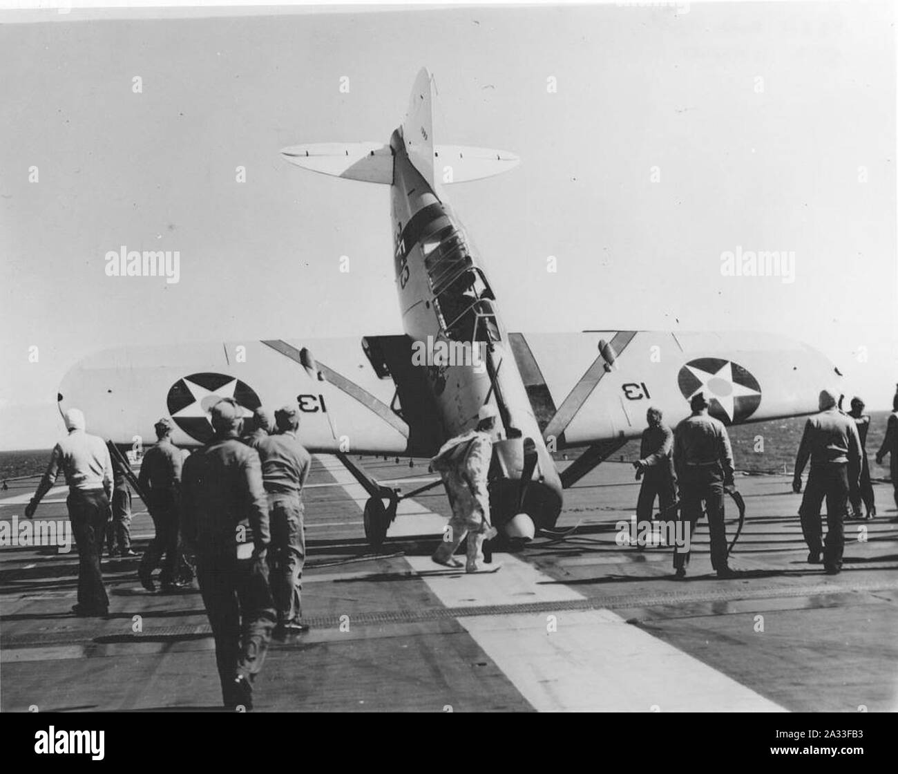 F2A Thach Unfall USS Saratoga (CV-3) 1940. Stockfoto