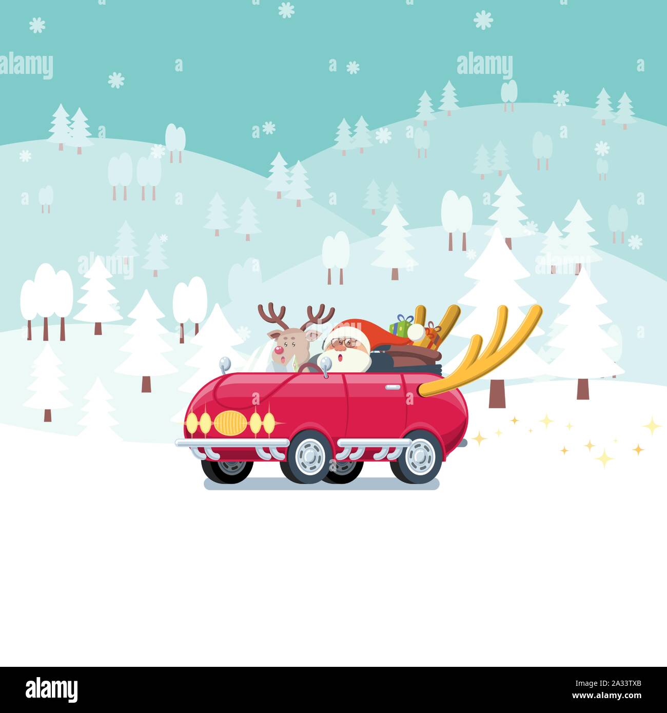 Weihnachtsmann und Rentier Fahren rotes Auto mit großen Hirsch Horn und Sack voller vorhanden Boxen in der verschneiten Landschaft mit Bergen und Pinien in flachen Ca Stock Vektor