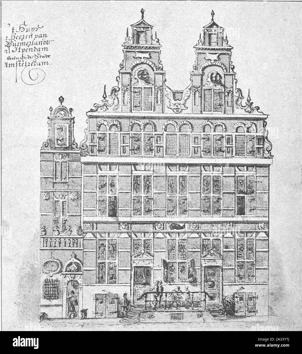 Family Album von Frans Banninck Cocq, Zeichnung von seinem Haus 'De Dolphijn', Singel 140-142, Amsterdam. Stockfoto