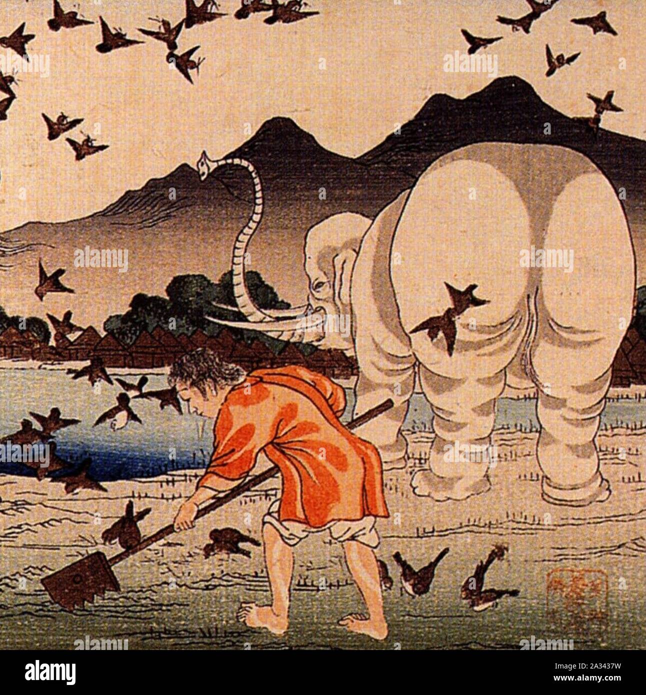 Landwirt und Elefant mit Vögel detail, Kuniyoshi Utagawa, Thaishun mit Elefanten (7/8). Stockfoto