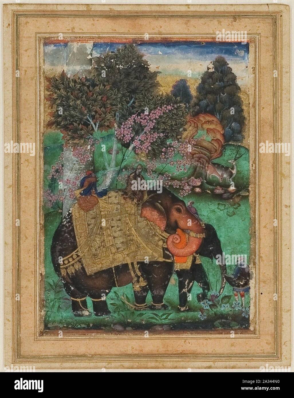 Farrukh Beg (zugeschrieben), Sultan Ibrahim Adil Shah II Reiten seine taxierte Elefant, Atash Khan, Ca. 1600 (14,3 x 10,3 cm) Private coll.. Stockfoto