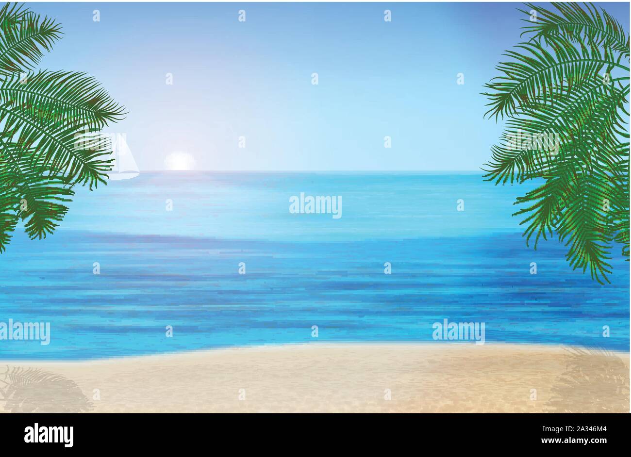 Das Meer, Palmen und tropischen Strand unter blauen Himmel. Vector Illustration Stock Vektor