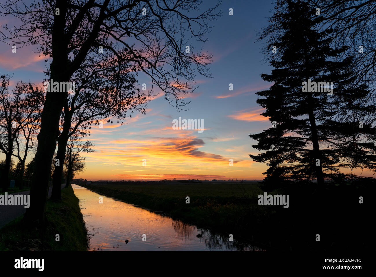 Farbenfroher Sonnenuntergang über die niederländische Landschaft. Die Wolken sind in den Kanal und die Silhouetten der Bäume wider stand gegen den Abendhimmel. Stockfoto
