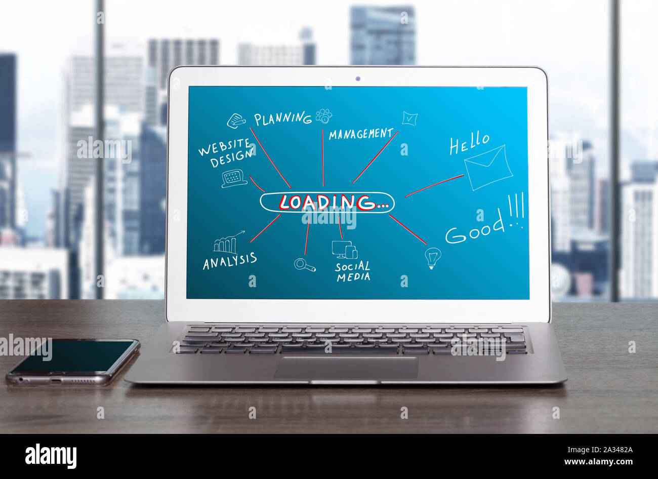 Das Konzept der Business, Technologie, das Internet und das Netzwerk. Ein junger Unternehmer arbeiten an einer virtuellen Bildschirm. Marketing Konzept Stockfoto