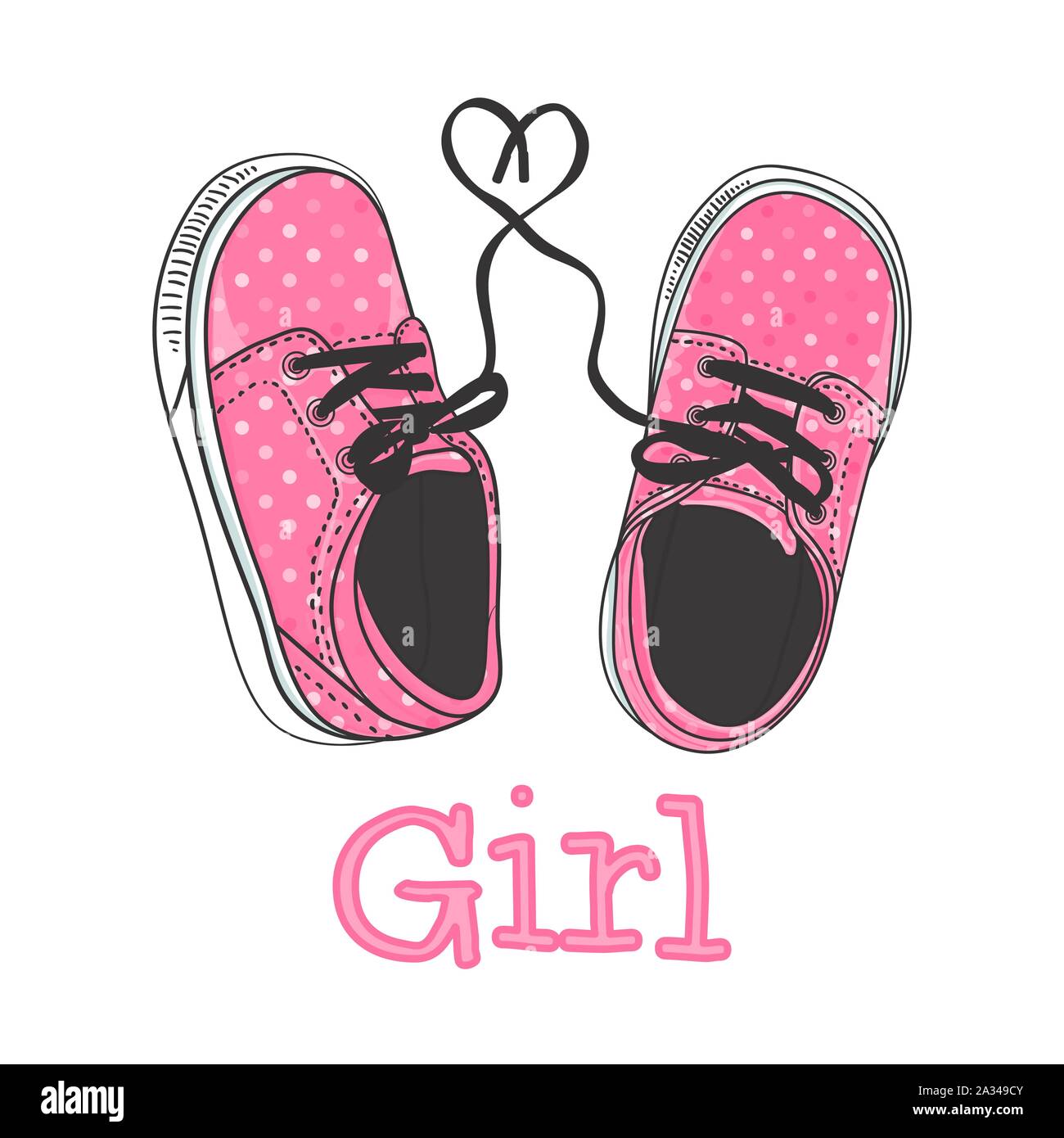 Mädchen Turnschuhe Hand zeichnen. Pink Polka Dot Färbung. Print Design - Es ist ein Mädchen. Vector Illustration von ein Paar Babyschuhe. Stock Vektor