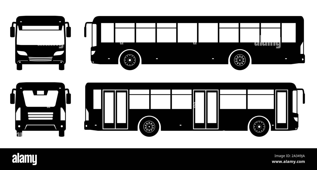 City Bus Silhouette auf weißem Hintergrund. Fahrzeugsymbole Ansicht von der Seite, Vorderseite und Rückseite Stock Vektor