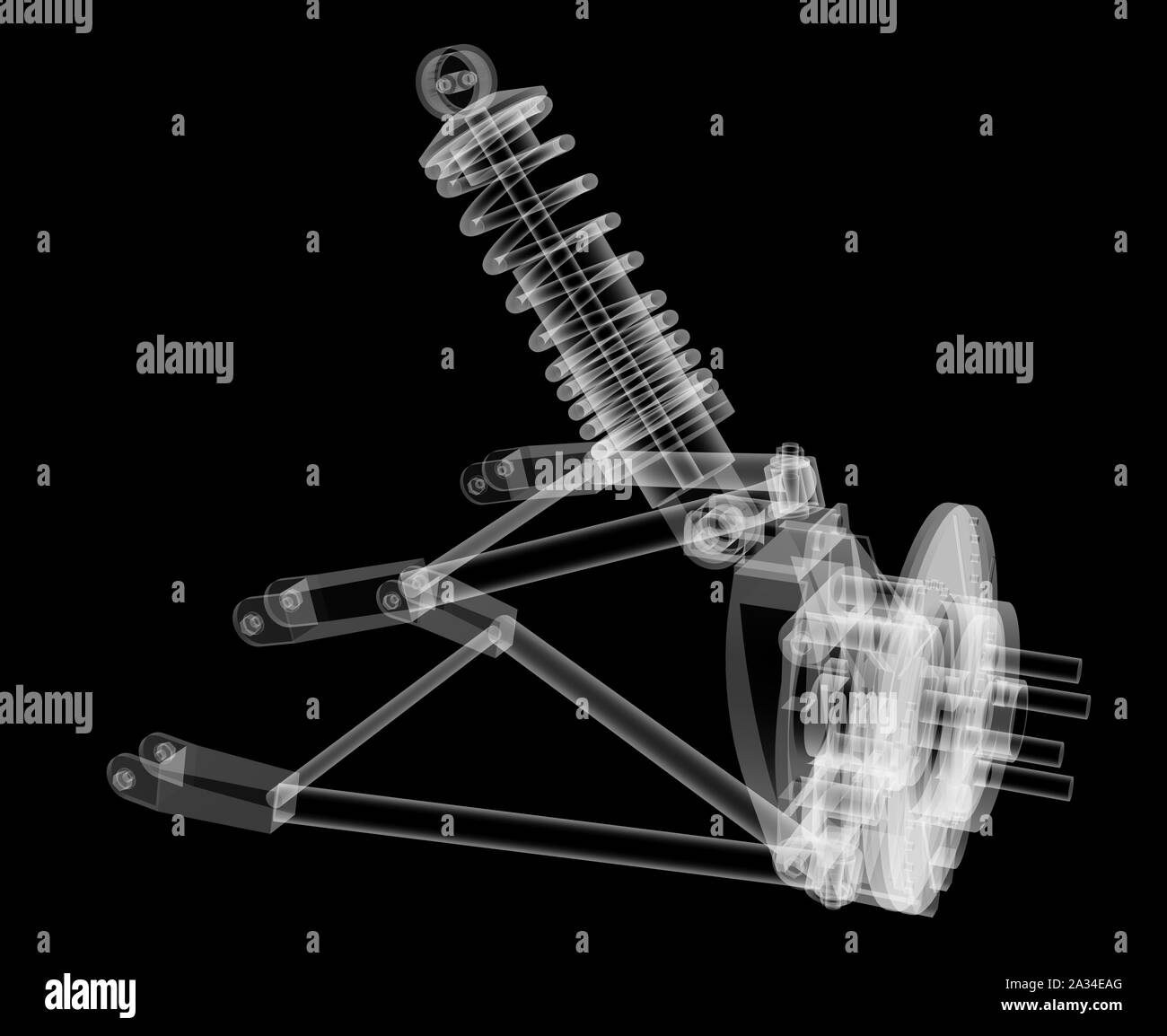 X-ray Auto Suspension und Bremsscheibe auf schwarzen Hintergrund, 3D-Darstellung Stockfoto