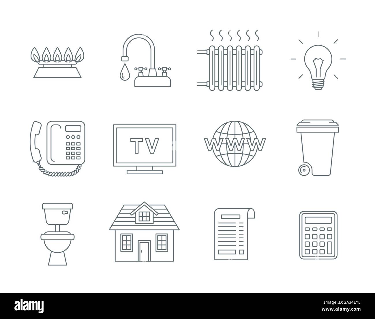 Dienstleistungen im Haushalt Stromrechnung Symbole. Vektor flache dünne Linie Symbole der regelmäßige Zahlungen wie Gas, Wasser, Strom, Heizung, Telefon, Kabel-TV Stock Vektor