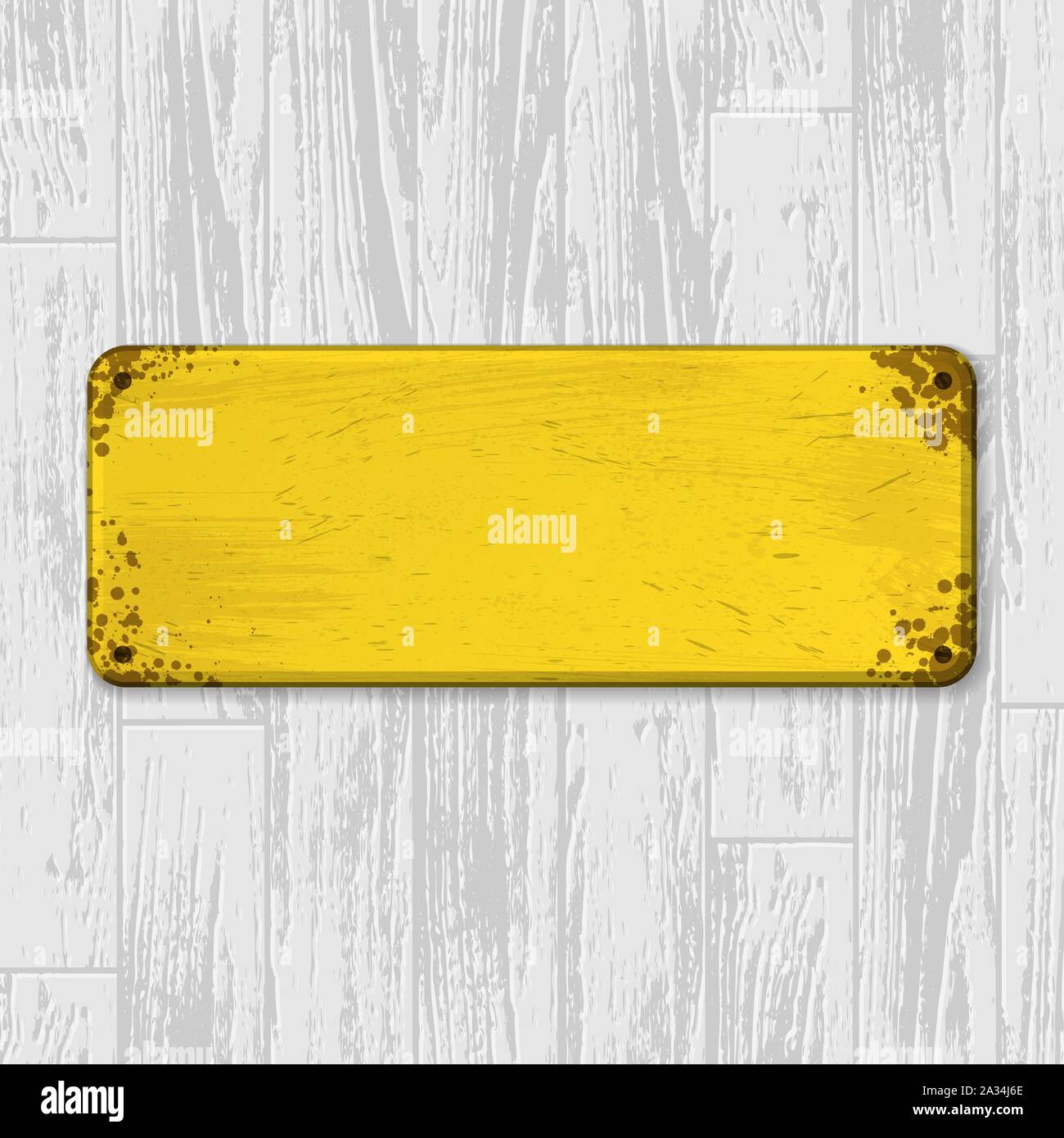 Weißes Laminat- und Hintergrund mit Holz- Textur und gelbe grunge Metal leere Rahmen für Text Stock Vektor