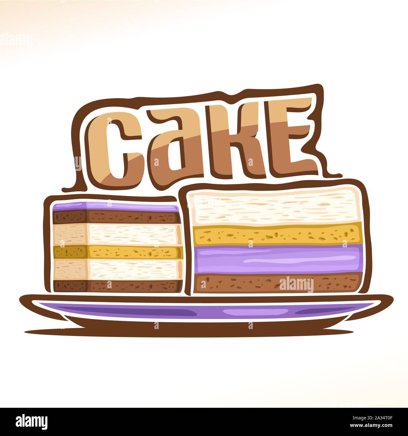 Vektor logo für Kuchen, Poster mit zwei geschnittene Stücke Geburtstag Kuchen auf dem Teller und ursprünglichen Font für Wort Kuchen, Illustration von Süßwaren für Pati Stock Vektor