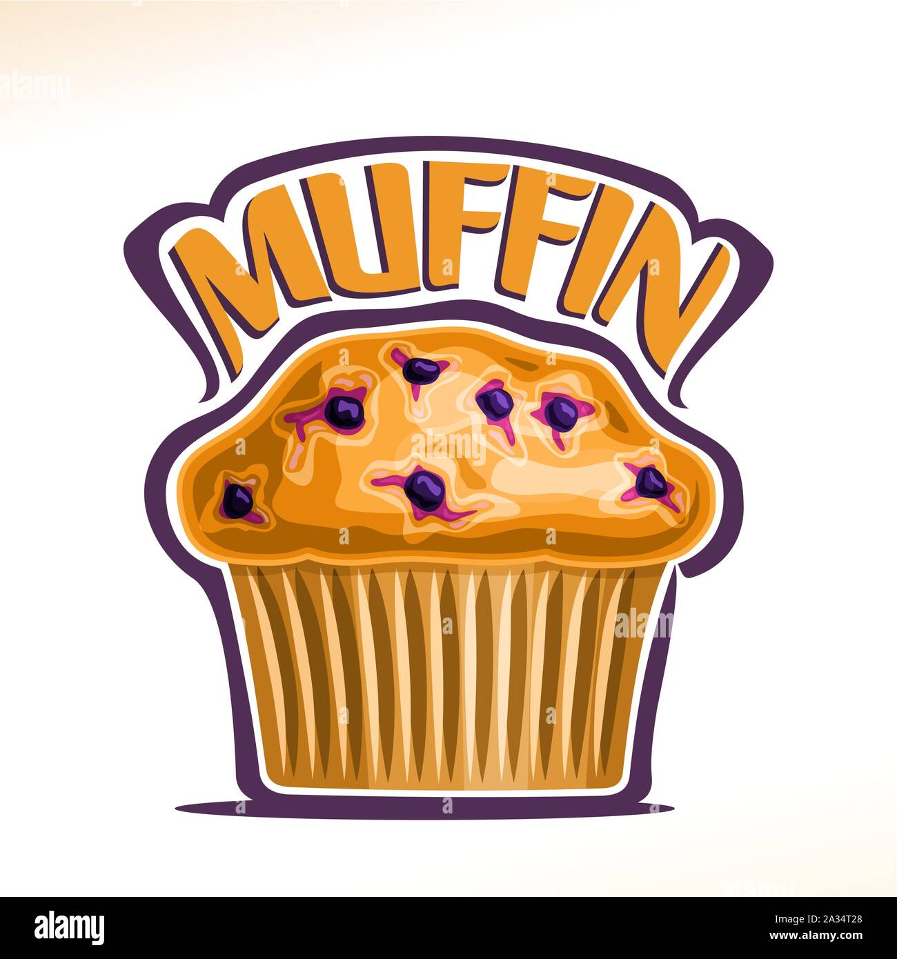 Vektor logo für Blueberry Muffin, ursprüngliche Schriftart für gelbe Wort Muffin, Poster mit frischen Backwaren für Frühstück, Illustration von kleinen Veg Stock Vektor