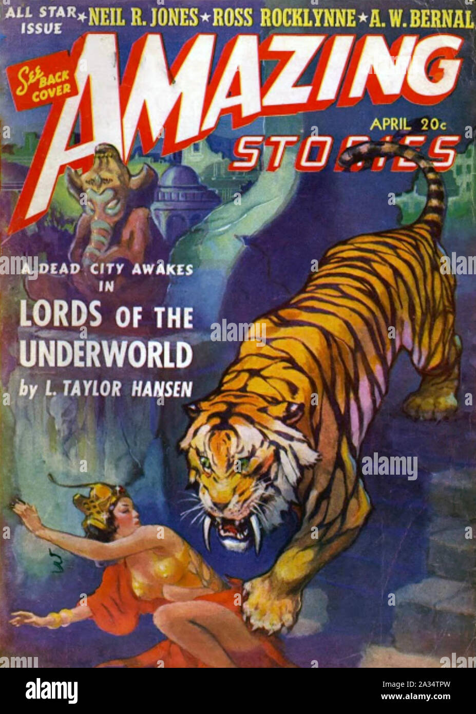 AMAZING STORIES amerikanische Science-Fiction-Magazin, herausgegeben von Hugo Gernsback mit Abdeckung von James Allen St. John. April 1941 Edition. Stockfoto
