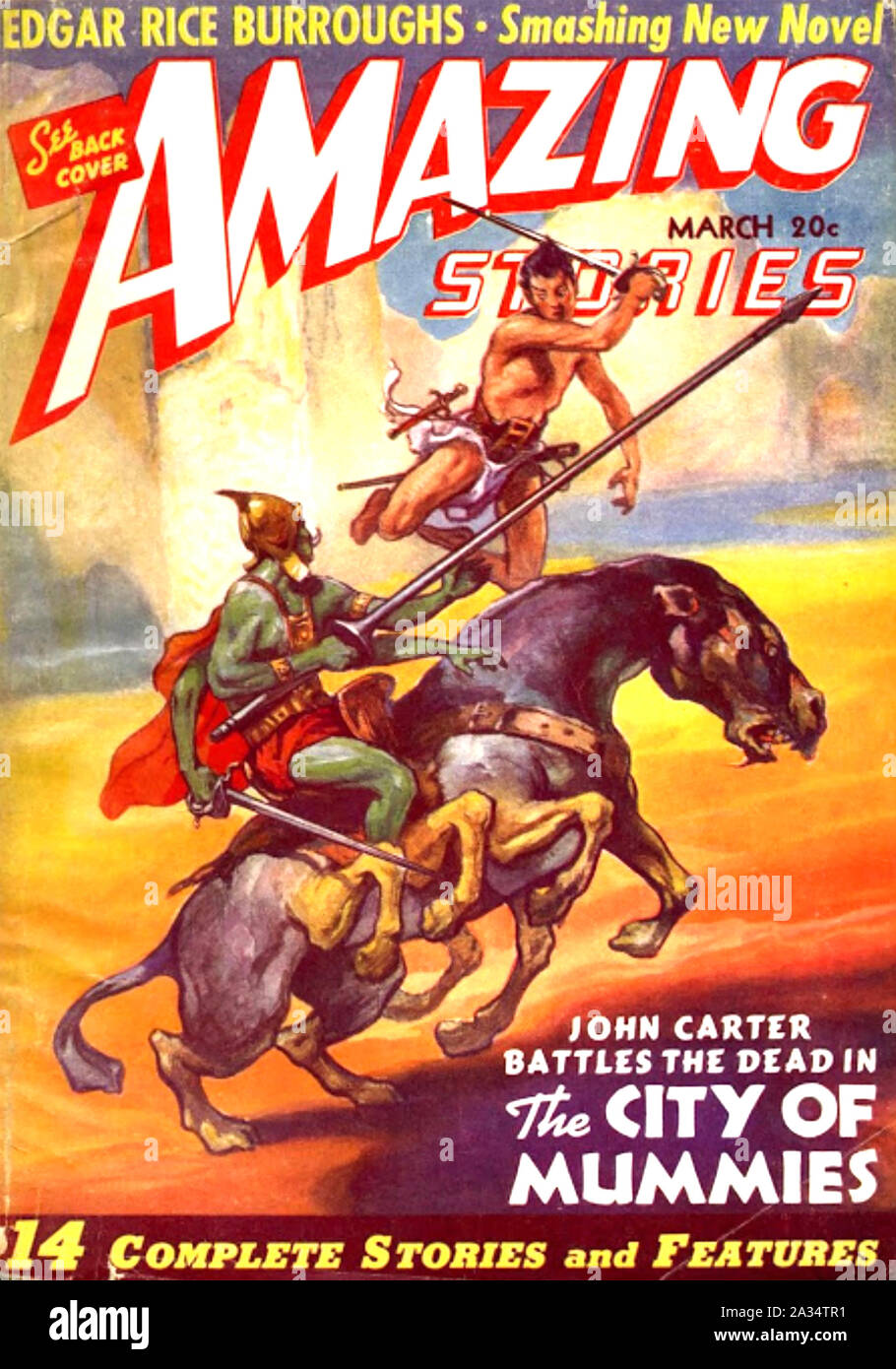 AMAZING STORIES amerikanische Science-Fiction-Magazin, herausgegeben von Hugo Gernsback mit Abdeckung von James Allen St. John. März 1941 Edition. Stockfoto