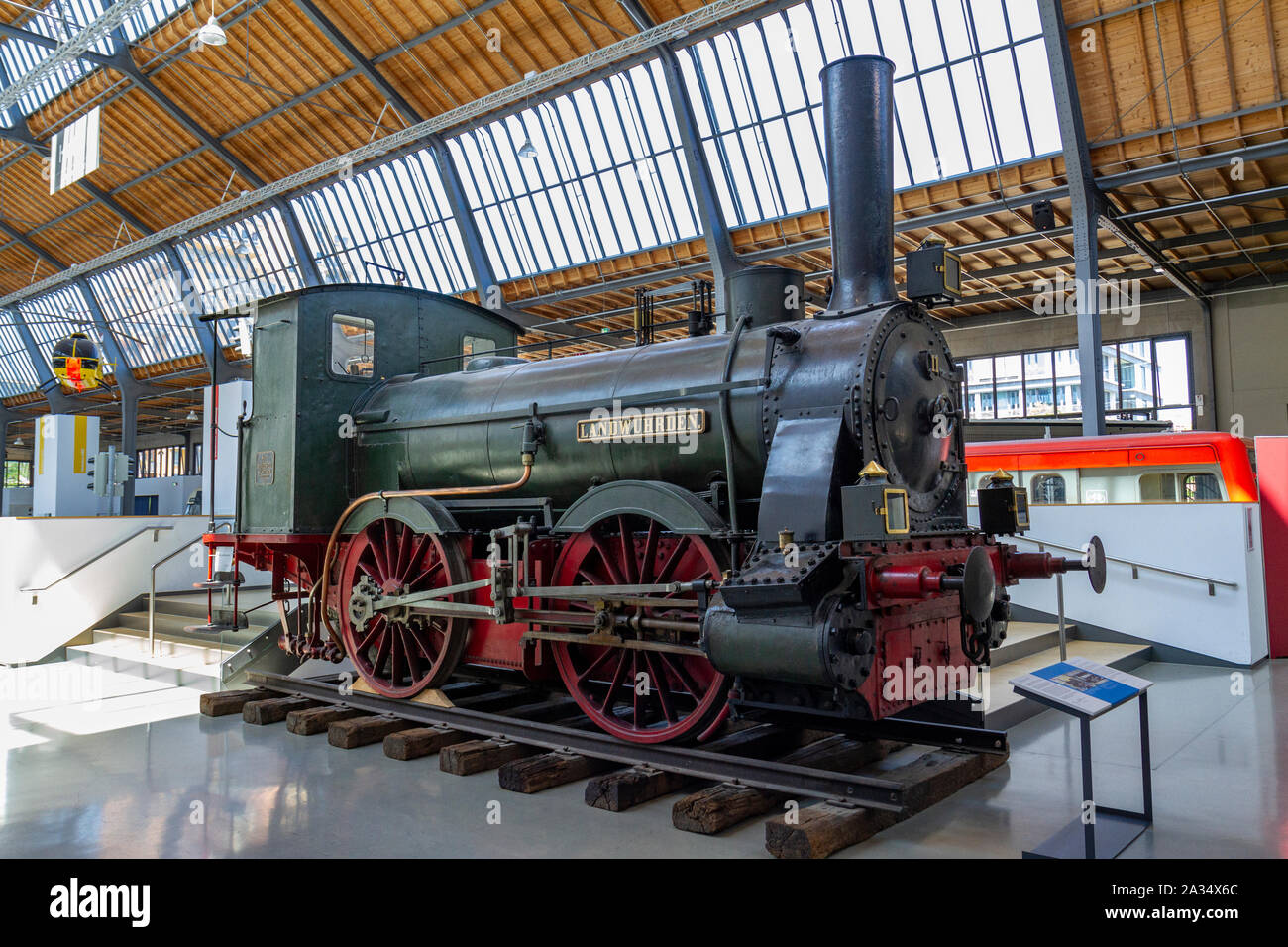 Die Landwuhrden Dampflok Motor im Deutschen Museum Verkehrszentrum (Deutsch Transport Museum), München, Deutschland. Stockfoto