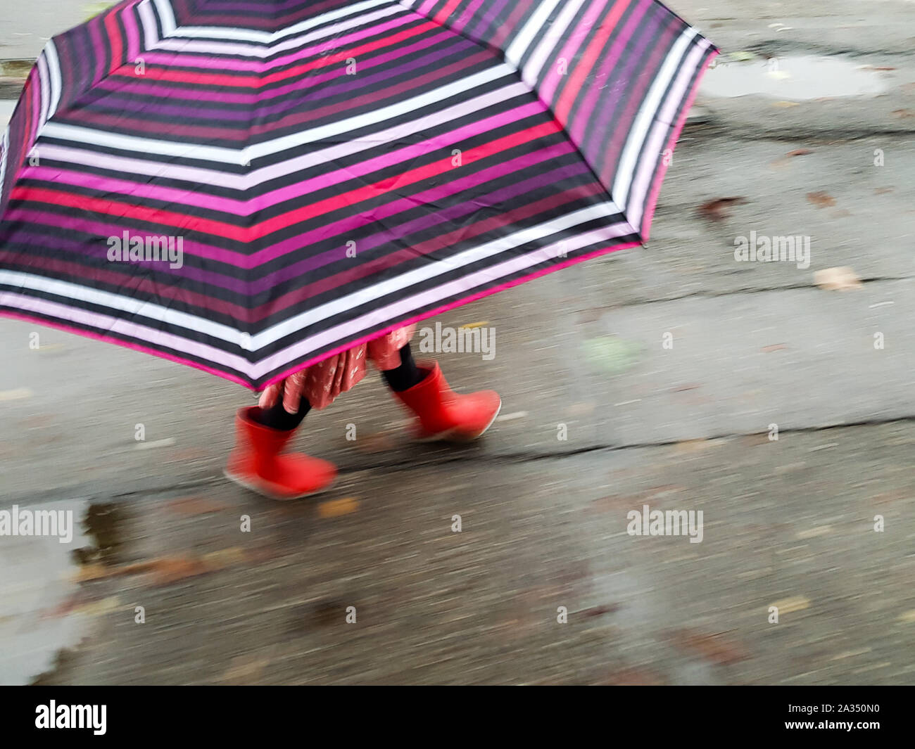 Bild mit einem kleinen Mädchen zu Fuß im Regen mit einem großen bunten Sonnenschirm und roten Gummistiefel verschoben. Stockfoto