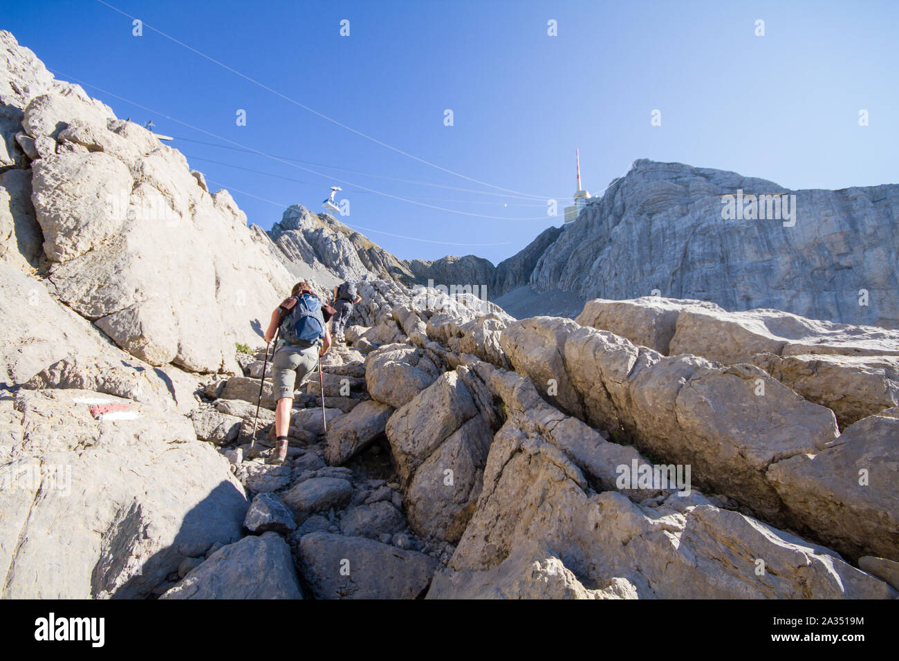 Wandern auf den Gipfel des Mount Säntis, Schweiz Stockfoto