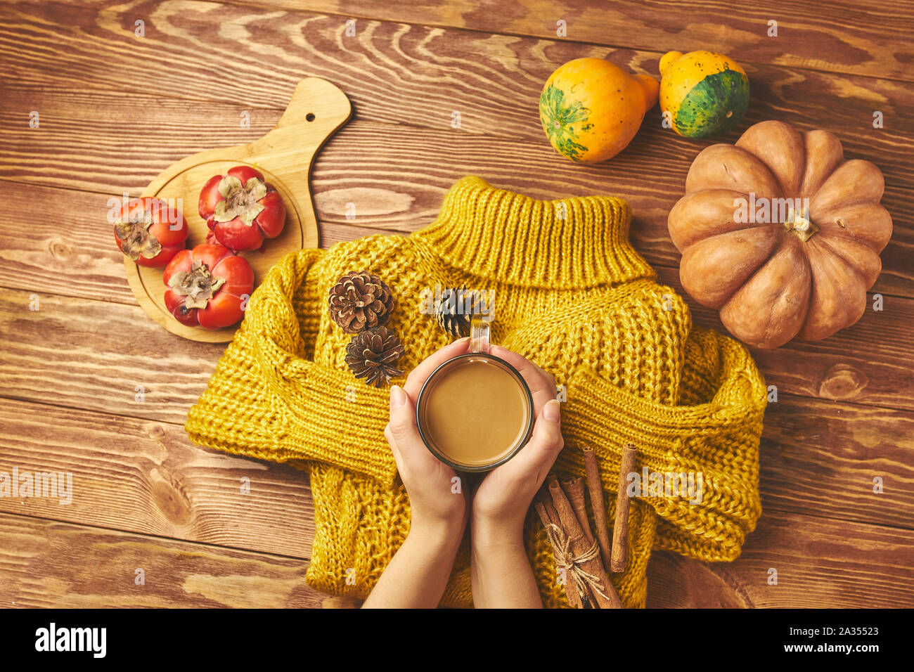Kürbis Latte mit Gewürzen mit gestrickten Jacke und Kürbis eingerichtet. Stockfoto