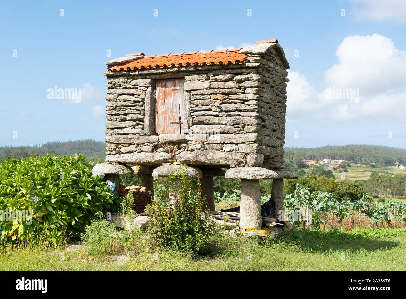 Horreo - eine traditionelle galizische Getreidelager oder Getreidespeicher, Gallicia, Spanien Stockfoto