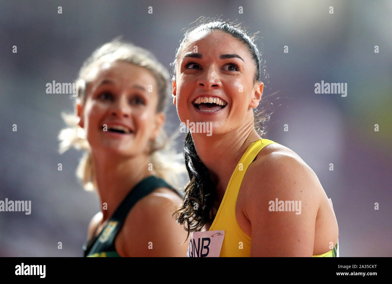 Australiens Michelle Jenneke reagiert nach dem Qualifying für die 100 Meter Hürden Frauen Finale bei Tag neun der IAAF Weltmeisterschaften am Khalifa International Stadium, Doha, Katar. Stockfoto