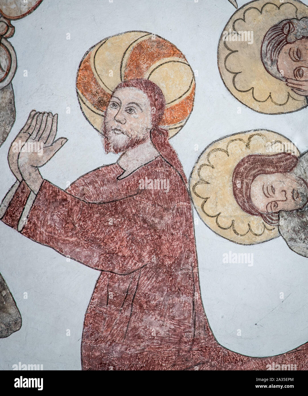 Todesangst im Garten, eine Wand - Malerei etwa ab dem Jahr 1500 in der Kirche St. Maria, Elsinore, Dänemark, 14. Mai 2019 Stockfoto