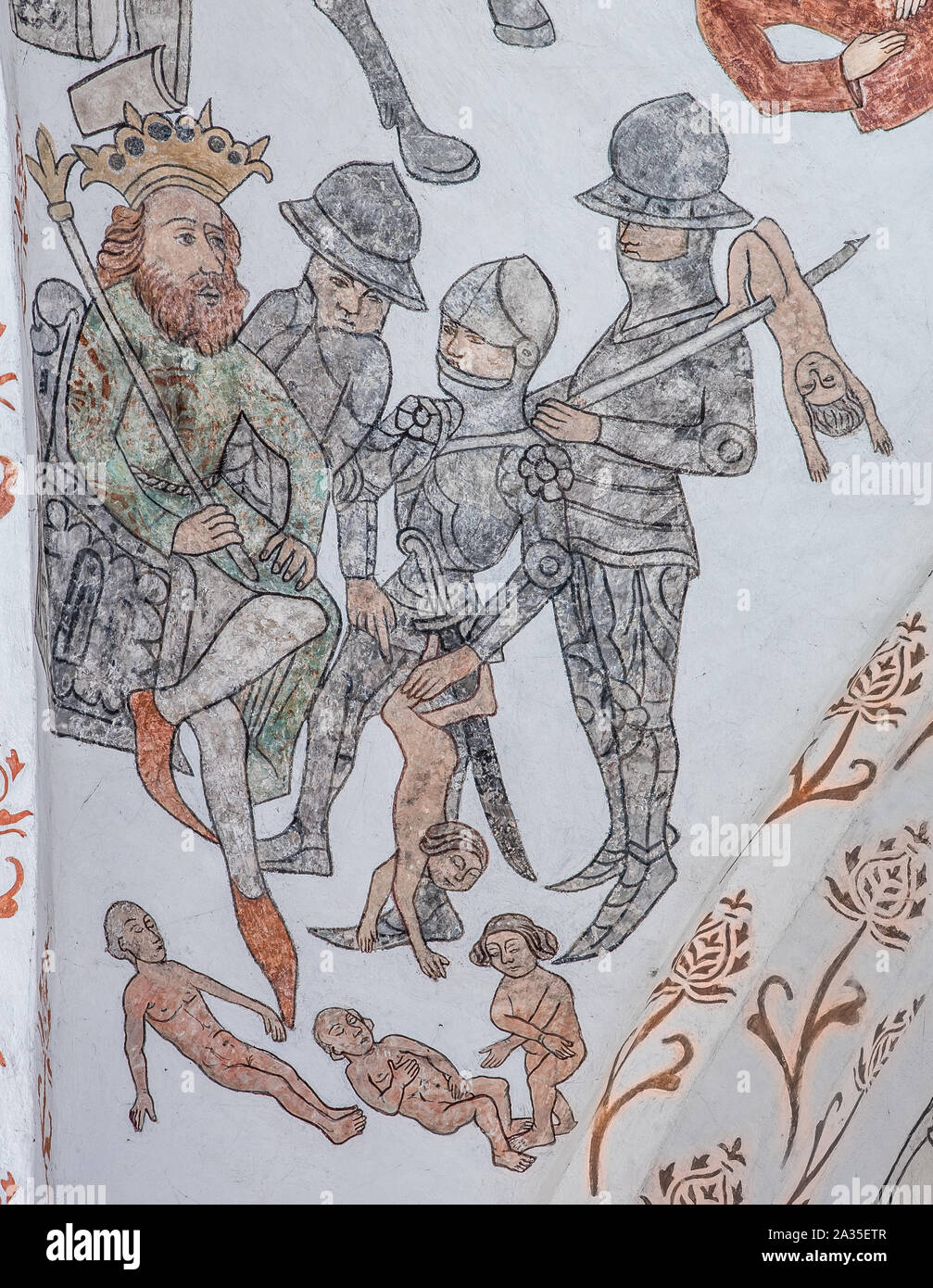 Mord der unschuldigen Kinder von Betlehem, eine Wand - Malerei etwa ab dem Jahr 1500 in der Kirche St. Maria, Elsinore, Dänemark, 14. Mai 2019 Stockfoto