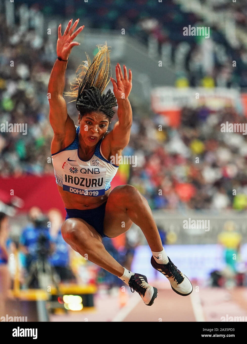 Doha, Katar. 5. Okt, 2019. Abigail Irozuru des Vereinigten Königreichs konkurrieren im Weitsprung der Frauen während des 17. IAAF Leichtathletik WM in der Khalifa Stadion in Doha, Katar. Ulrik Pedersen/CSM/Alamy Live News Credit: Cal Sport Media/Alamy Live News Credit: Cal Sport Media/Alamy leben Nachrichten Stockfoto