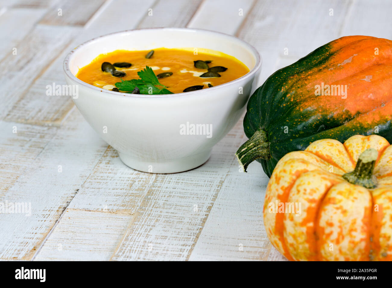 Organische kürbissuppe in einer weißen Schüssel durch Kürbisse gerahmt und Speicherplatz auf einem weißen Holz- Hintergrund kopieren Stockfoto