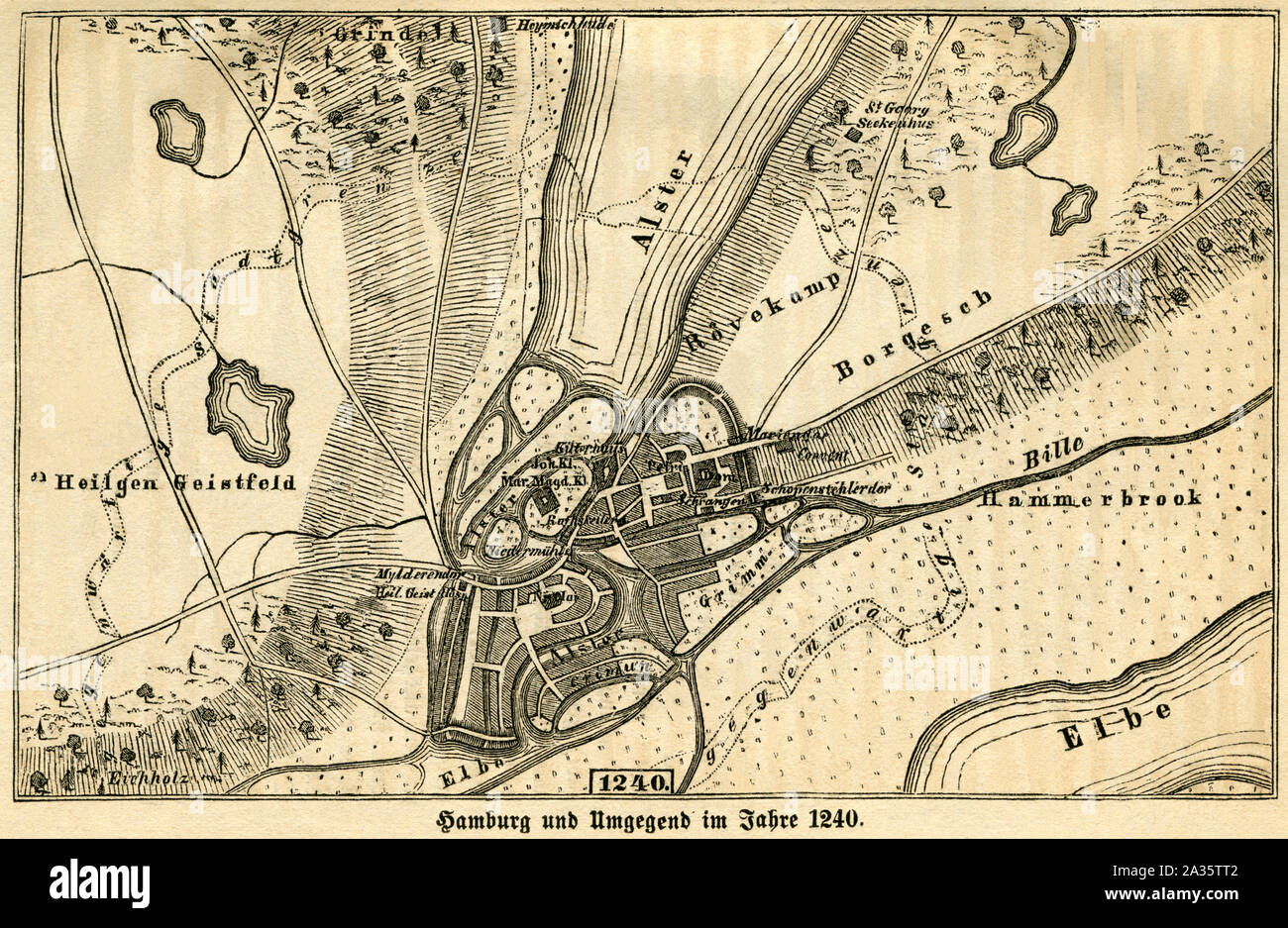 Europa, Deutschland, Hamburg, Karte "Hamburg / Reutte im Jahre 1240', Abbildung aus: "der Stadt Hamburg", von Dr. J. G. Gallois, Verlag von Ackermann & Wulff, Hamburg, 1866. /Europa, Deutschland, Hamburg, Karte "Hamburg und Umgebung im Jahr 1240', Illustration von" der Stadt Hamburg" (Geschichte der Hamburg), von Dr. J.G. Gallois, die von Ackermann und Wulff, Hamburg, 1866 veröffentlicht. Stockfoto