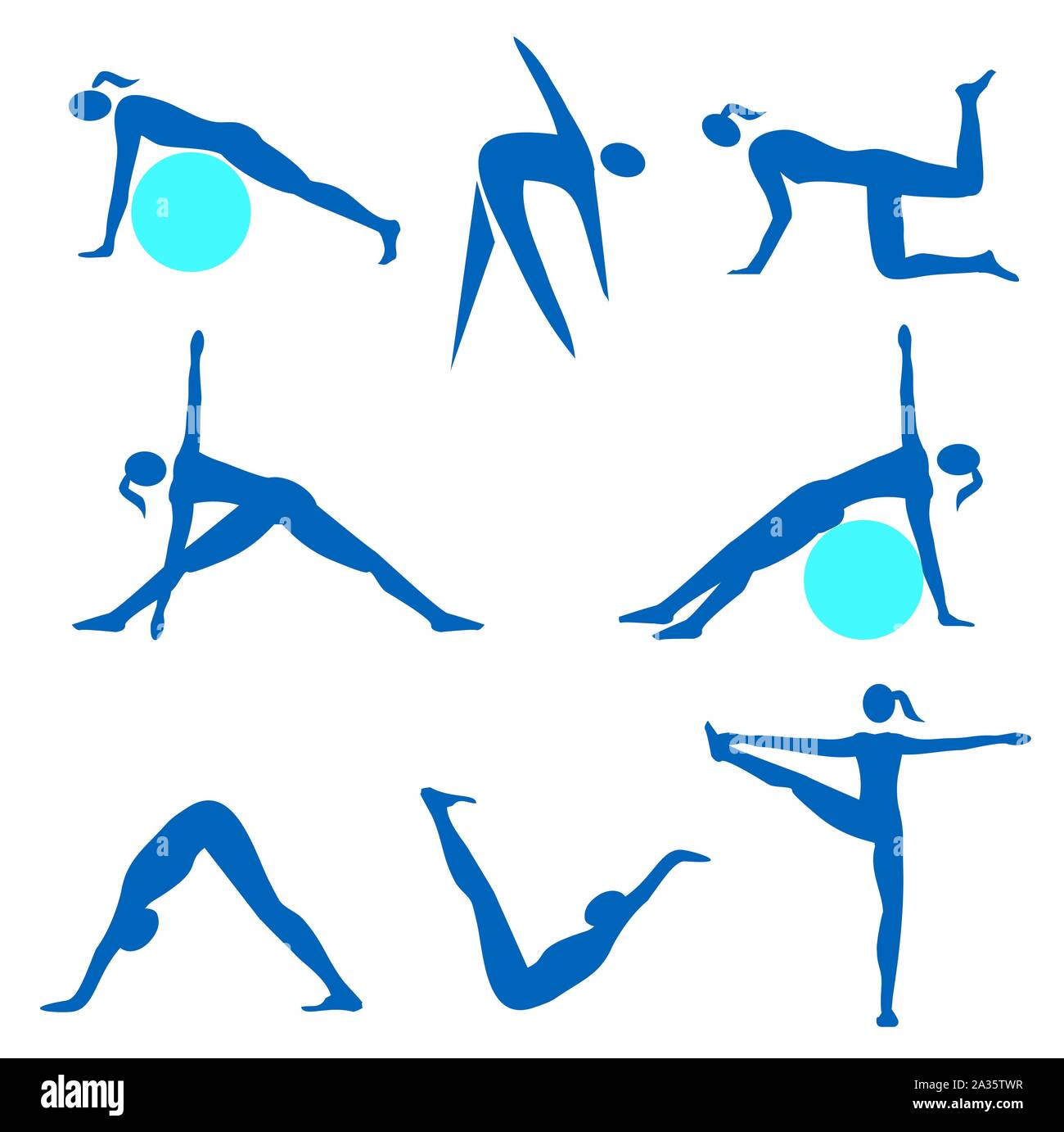 Symbole für Fitness-Aerobic. Satz blauer Sportsymbole. Stock Vektor