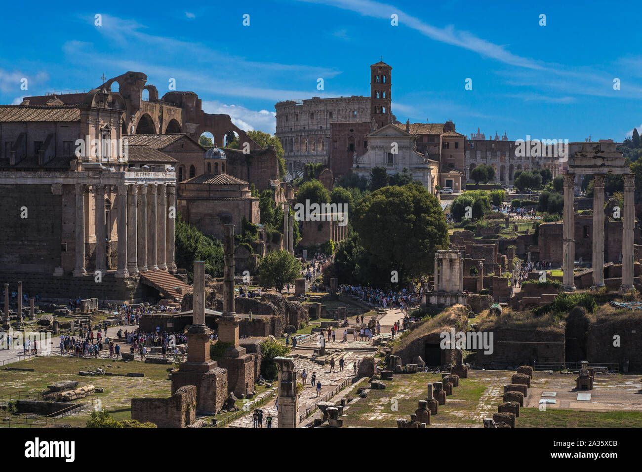 Schöne Sicht auf das Forum Romanum in Rom, Italien. Malerischer Blick auf das Forum Romanum in Rom, Kolosseum ist im Hintergrund Stockfoto