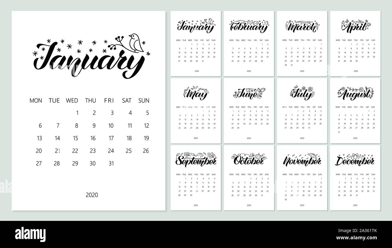 Vektor-Kalender-Planer für 2020 Jahr mit handgezeichneten Schriftzügen und Kritzeleien. Set mit 12 Monaten. Die Woche beginnt am Montag. Briefpapier-Design. Stock Vektor